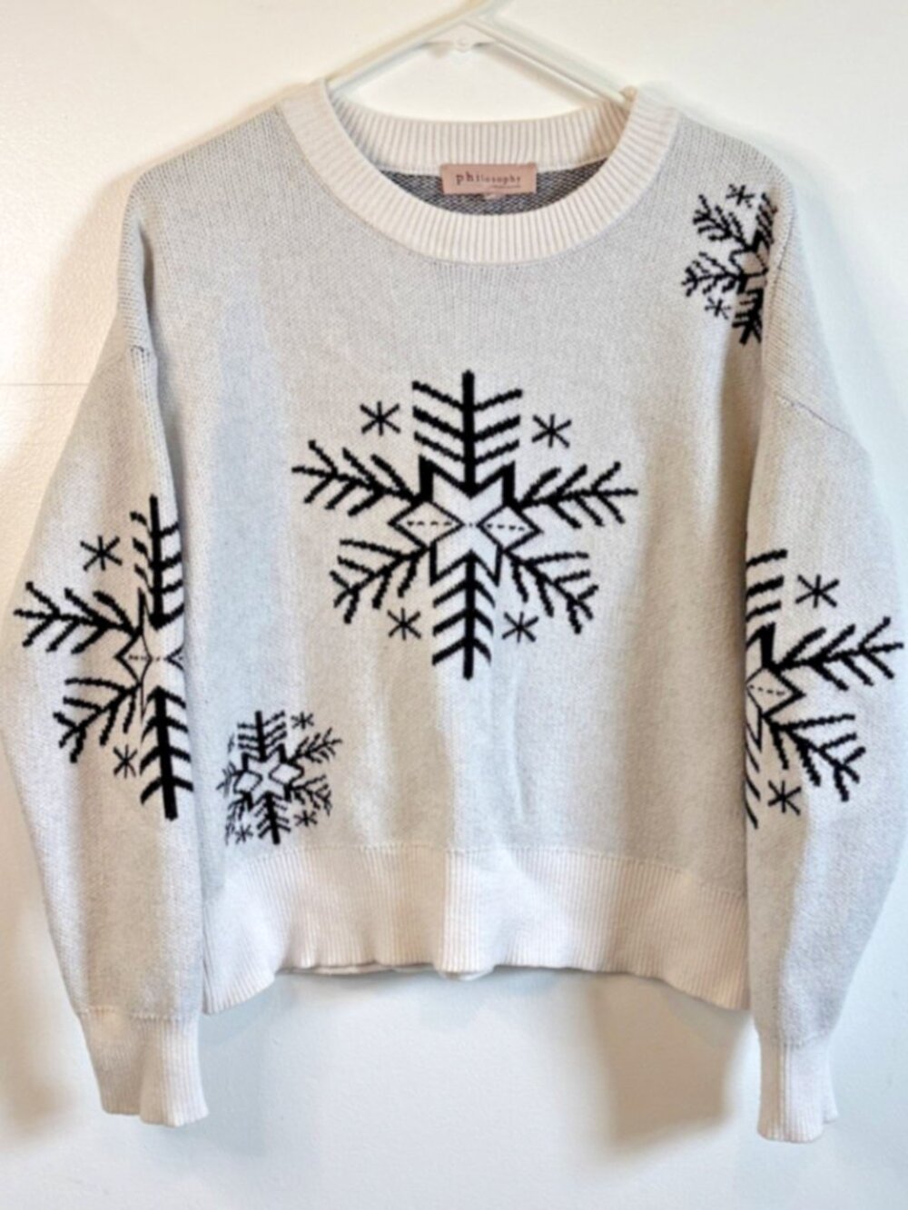 Philosophy Crewneck Knit Sweater White & Black Snowflakes Women's M